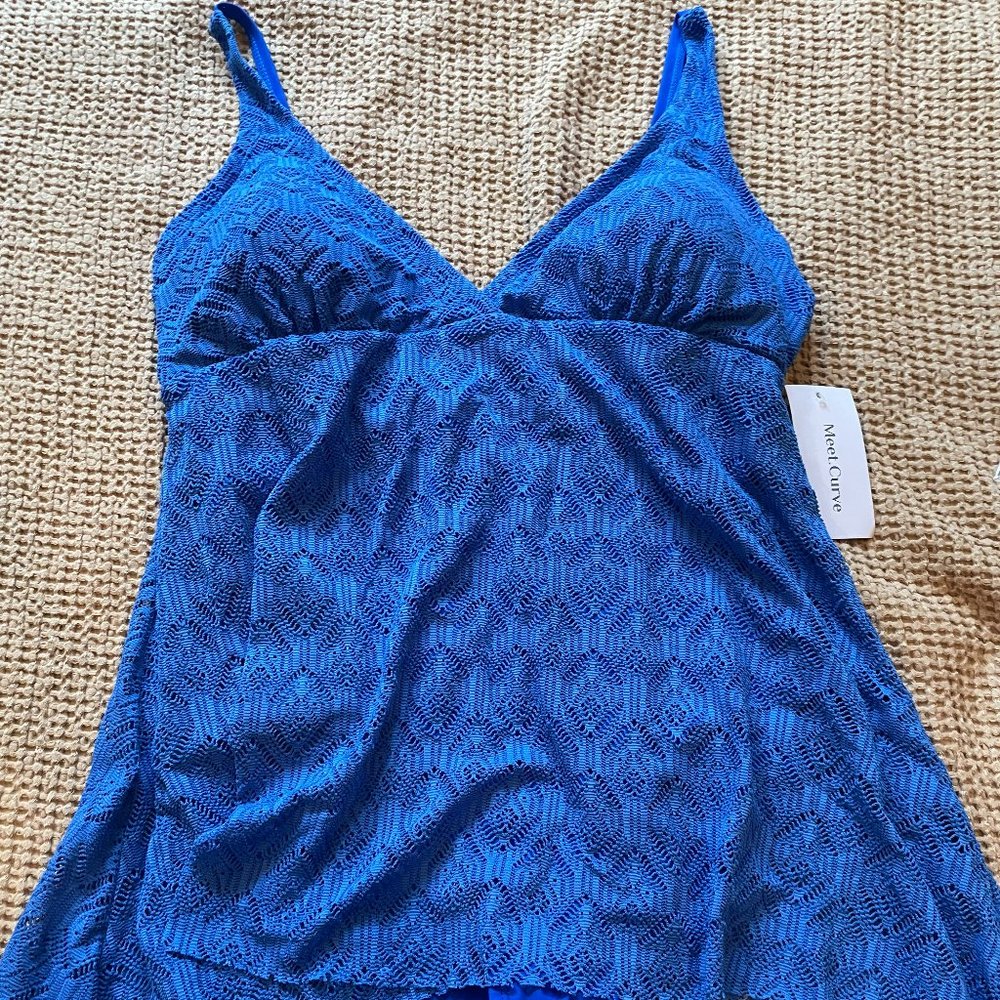 Blue Crochet Side Slit V-Neck Graceful Swimdress - XL - Meet Curve - Tags On
